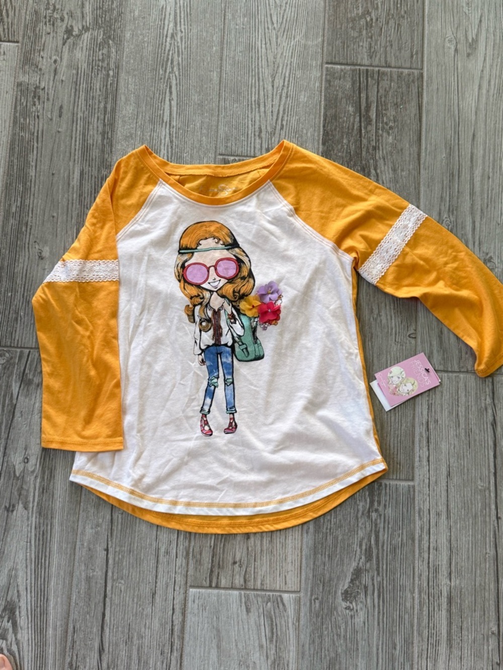 Jessica Simpson Big Girls' Blaire Yellow & White Graphic Raglan Jersey Top Large